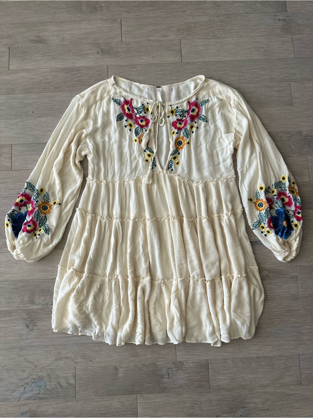 Free People Ivory Tiered Mini Dress with Pink & Yellow Floral Embroidery XS